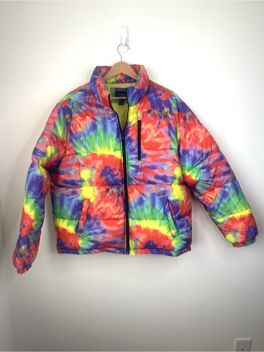 Forever 21 MENS Neon Tie-Dye Puffer Jacket - Yellow, Green, Blue, Orange size XL